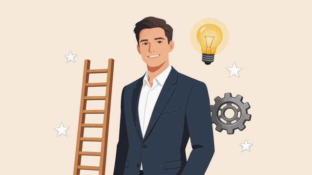 Businessman with ladder lightbulb and gear