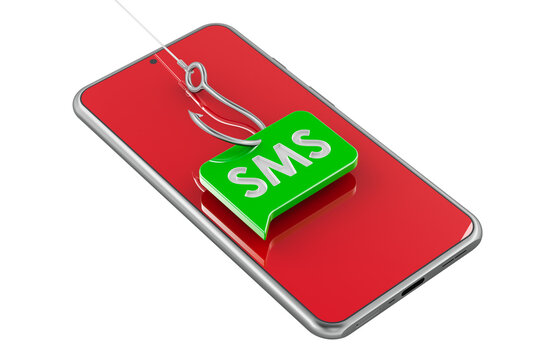 Smartphone with SMS phishing hook. Mobile phishing or smishing, concept. 3d rendering