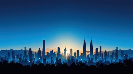 Fototapeta premium Beautiful skyline at sunset with silhouettes of modern buildings and mountains against a colorful evening sky