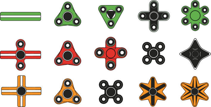Fidget spinner vector icon set with colorful hand spinner toy designs, stress relief gadget collection isolated on white background.