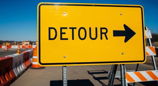 Bright yellow detour sign indicating direction on construction site with barriers in background. Road infrastructure features construction elements and traffic management aspects.