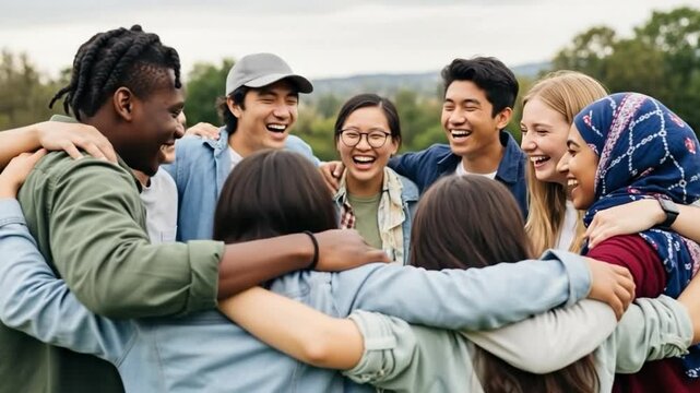 Multicultural Gen Z Friends in a Supportive Huddle, Diverse Students Laughing Together Outdoors