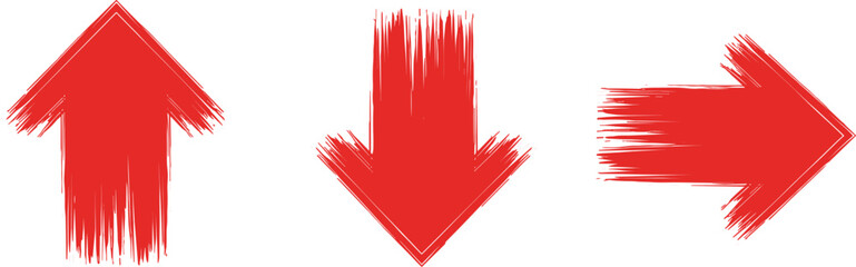 Red brush stroke arrow vector set with up, down and right direction symbols, hand painted navigation elements isolated on white background. © Sagor