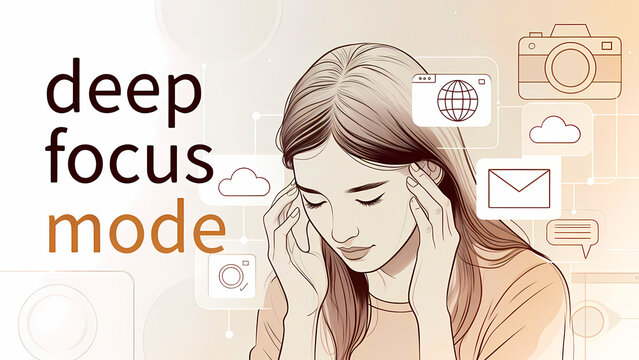 Hand Drawn Style Illustration of a Young Woman Touching Her Temples in Deep Concentration with Floating Digital Icons and Deep Focus Mode Text