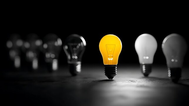 A bright yellow light bulb standing out from a row of dim and dark bulbs
