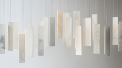 Fototapeta premium Elegant suspended rectangular light panels in various natural tones float gracefully, creating a serene and modern aesthetic perfect for interior design