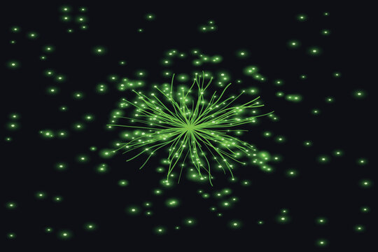 Green explosion of light and energy on a dark background with glowing particles and lines spreading out