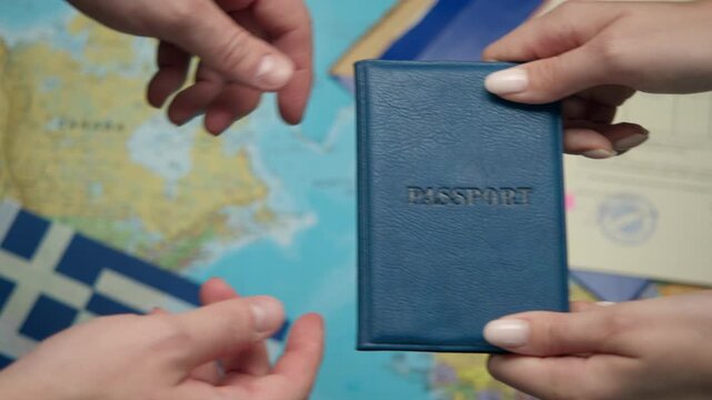 Hands finalize Greek passport delivery to immigrant passing citizenship evaluation amid seals.