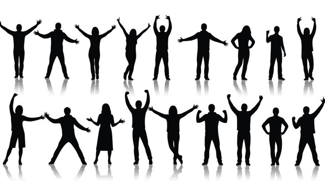 Group of people joyfully raising arms in unison against a plain background Vector