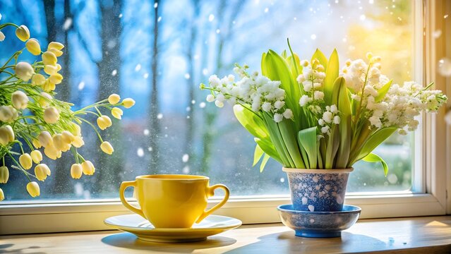 Cozy morning scene with a yellow cup of coffee by the window, featuring lily of the valley and yellow flowers, soft snow falling outside, still life