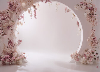 White flower arch digital backdrop. Floral fine art backgrounds. White room with arch. Maternity backgrounds. Backlit floral arch studio backdrops