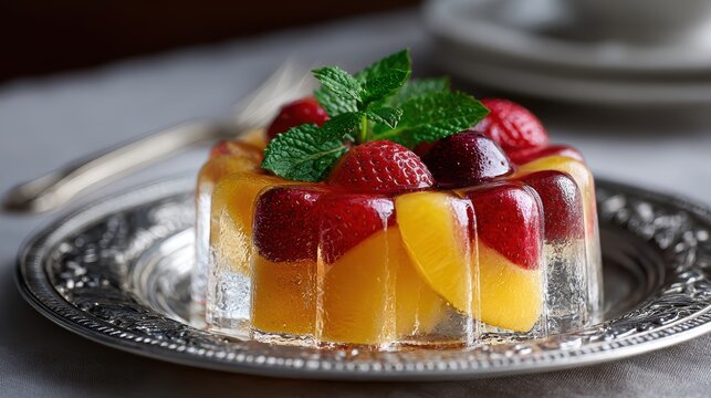 food photography, a high-end food advertisement showcases a complex victorian-style fruit aspic mold with meticulously arranged slices suspended in jelly the focus is on the glistening surface and