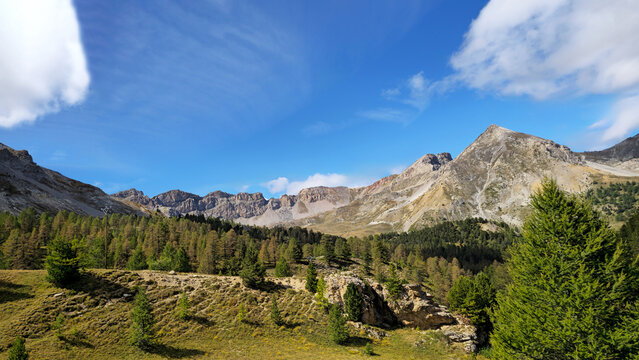 Mountain landscape along the Route du Col d&rsquo;Izoard mountain landscape, French Alps, Hautes Alpes, France, Europe.