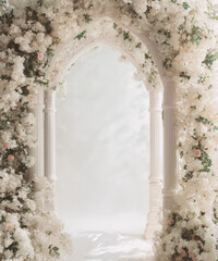 White flower arch digital backdrop. Floral fine art backgrounds. White room with arch. Maternity backgrounds. Backlit floral arch studio backdrops