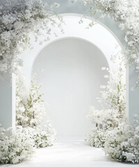 White flower arch digital backdrop. Floral fine art backgrounds. White room with arch. Maternity backgrounds. Backlit floral arch studio backdrops