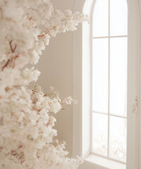 White flower arch digital backdrop. Floral fine art backgrounds. White room with arch. Maternity backgrounds. Backlit floral arch studio backdrops