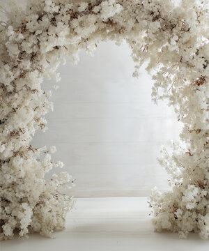 White flower arch digital backdrop. Floral fine art backgrounds.  White room with arch. Maternity backgrounds. Backlit floral arch studio backdrops