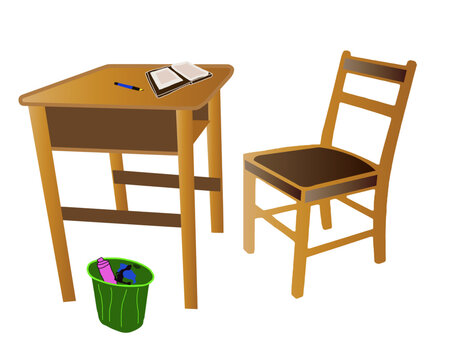 Wooden Classroom Desk and Chair Illustration with Notebook