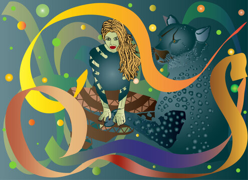 A female tiger in a peaceful pose against a yellow background and petrol blue backdrop