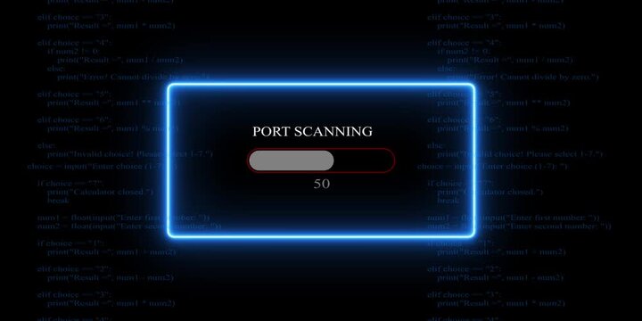 White glowing progress bar shows 100% percent of Port Scanning on background of computer code programming. 4k video