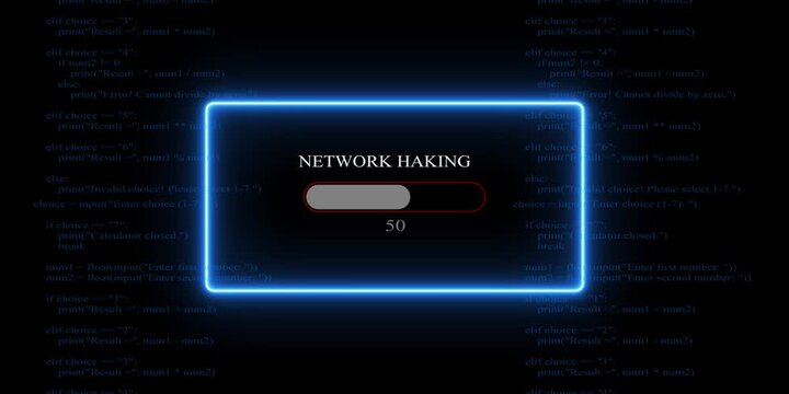 White glowing progress bar shows 100% percent of Network Haking on background of computer code programming. 4k video