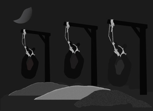 Conceptual Dark Night Landscape with Symbolic Silhouettes