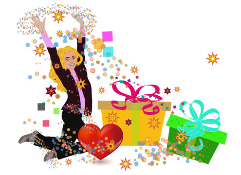 Happy Woman Celebrating with Gift Boxes and Confetti