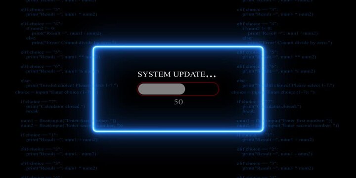 White glowing progress bar shows 100% percent of System Update on background of computer code programming. 4k video