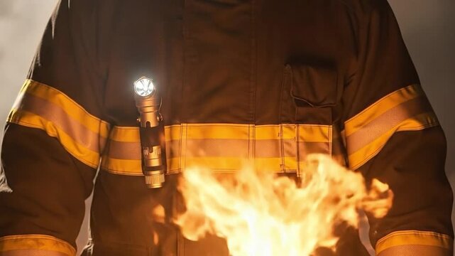 Firefighter in Protective Turnout Gear with Flashlight During Night Rescue Training Simulation