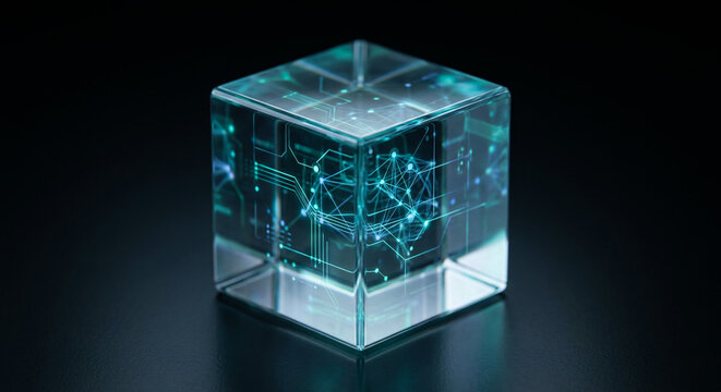Transparent cube with glowing blue lines and dots inside, resembling a digital or technological network, placed on a dark reflective surface.
