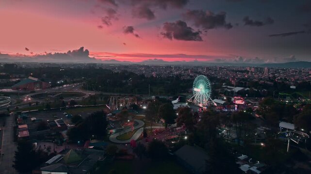 Amusement Park and City Skyline at Sunset in Bogot&aacute;, Colombia
