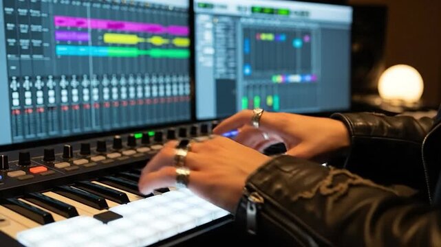 Alternative male music producer with rings playing midi keyboard in dark electronic home studio