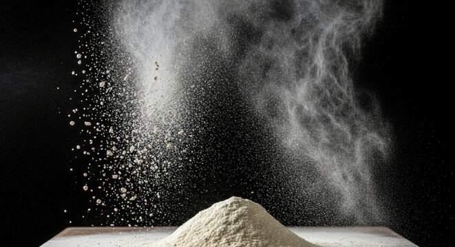 Flour explosion showing dynamic movement on dark backdrop