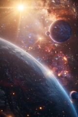 distant alien world planet, deep space landscape with several moons