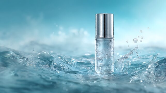 A clear perfume bottle with a silver cap standing in splashing blue water outdoors