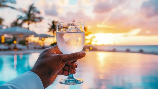 Tranquil tropical sunset indulgence: hand cradles refreshing glass of drink, overlooking shimmering resort pool and ocean.