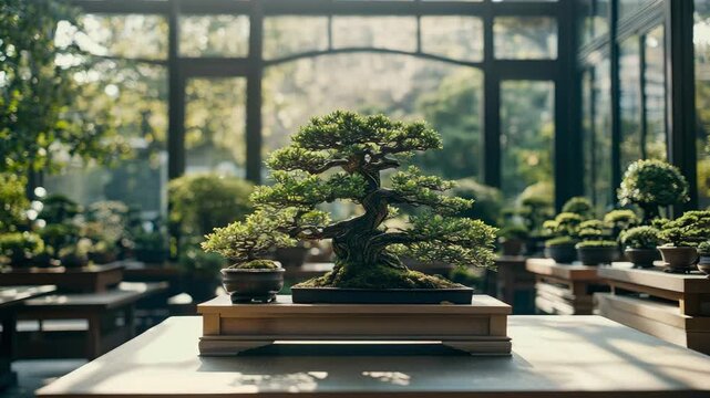 Majestic miniature bonsai tree sits elegantly on wooden platform inside sun-drenched glass greenhouse filled with lush greenery and soft natural light.