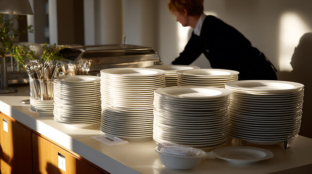 Clean stacks of white plates and cutlery on a buffet line with a service professional in the background, ready for an event