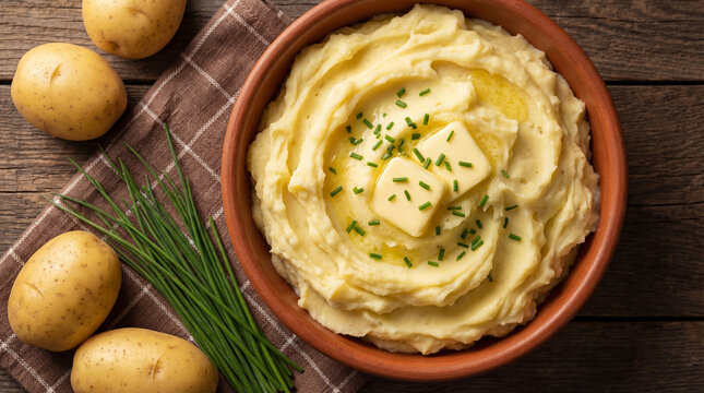 Creamy Mashed Potatoes with Melting Butter and Fresh Chives in Clay Bowl on Wooden Table