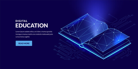 Isometric vector open book on glowing circuit board background. Concept for knowledge education, data digital technology