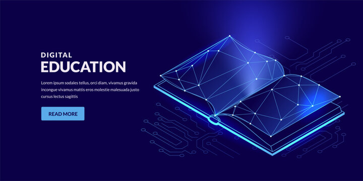 Isometric vector open book on glowing circuit board background. Concept for knowledge education, data digital technology