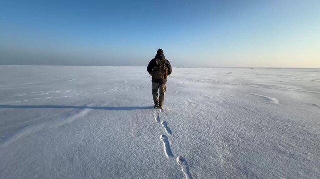 Lone traveler walking across frozen lake with footprints in snow under clear blue sky