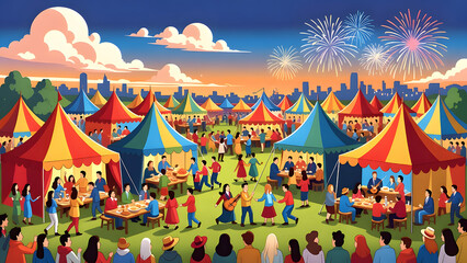 Fototapeta premium Lively cartoon music festival with dancing and fireworks. Perfect for events, summer and celebration illustrations.