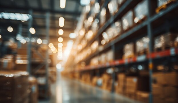 blurred background of a warehouse with shelves and boxes in a commercial storage facility, with a soft focus effect, light bokeh, and lens flare Generative AI