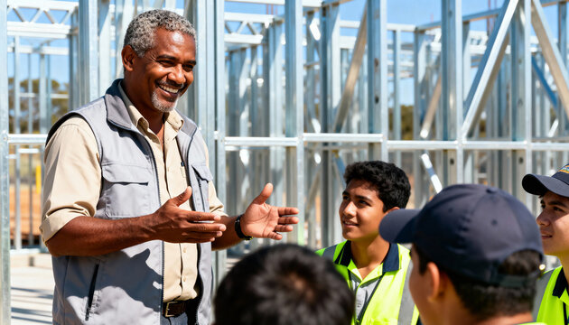 A smiling construction mentor teaching a group of young apprentices on a building site. Vocational education and skilled trades