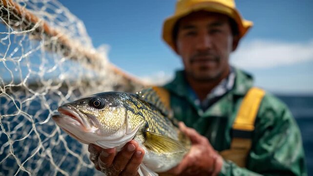 Hyper-realistic close-up of a fisherman displaying a fresh ocean catch, vivid fish coloration contrasting with neutral net fibers, bright midday sun, horizon and open sea softly bl