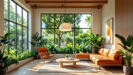 Fototapeta premium modern living room large window offers view greenery outside room has wooden ceiling wooden beam large pendant light hanging floor light colored wood walls painted neutral color room furnished orange