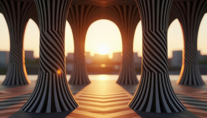 Naklejka premium tall columns with black and white stripes, creating a striking pattern. The sun sets in the background, enhancing the visual appeal of the architecture.