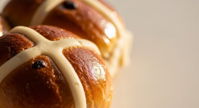 Close-up of fresh hot cross buns with glaze on neutral background