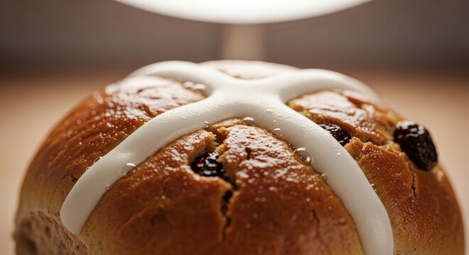 Close-up of a hot cross bun with icing and raisins on a wooden table
